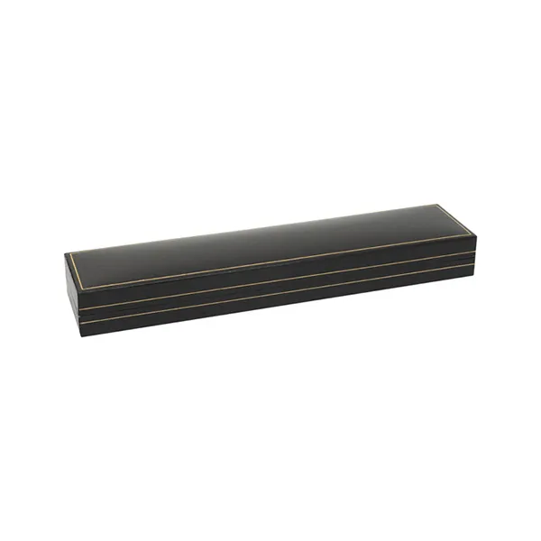 Black leatherette bracelet box with a black velvet inside with a white silk inner lid pictured closed.