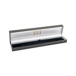 Black leatherette bracelet box with a black velvet inside with a white silk inner lid pictured open.