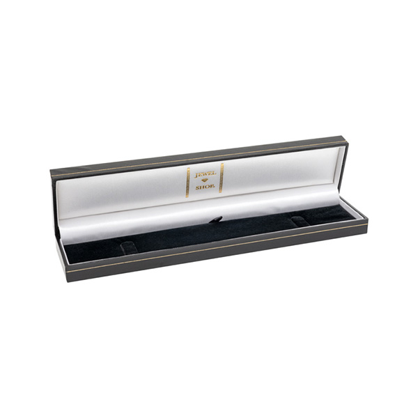 Black leatherette bracelet box with a black velvet inside with a white silk inner lid pictured open.
