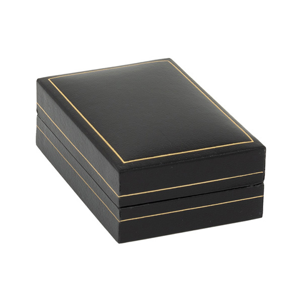 Box closed, A rectangular black leatherette jewelry box with a thin gold leaf line around the hinged lid and base. The inside features a removable black velvet pad for holding a chain pendant, and the inside lid has a white silk inlay printed in gold leaf with a scales logo and the text "City of London Jewellers".