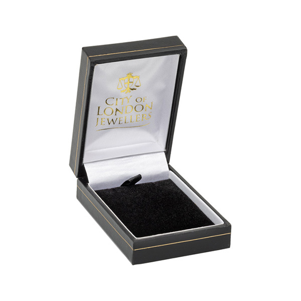 Box open, A rectangular black leatherette jewelry box with a thin gold leaf line around the hinged lid and base. The inside features a removable black velvet pad for holding a chain pendant, and the inside lid has a white silk inlay printed in gold leaf with a scales logo and the text "City of London Jewellers".