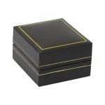 Earring box with a black leatherette exterior with a thin gilt lined edges, the inside has a black velvet pop up pad to house the earrings with a white silk inner lid with the City of London Jewellers Logo in gold leaf. Showing closed.