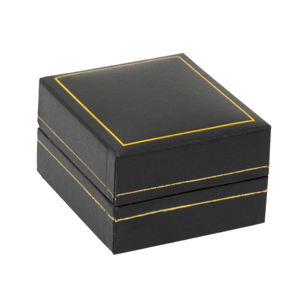 Earring box with a black leatherette exterior with a thin gilt lined edges, the inside has a black velvet pop up pad to house the earrings with a white silk inner lid with the City of London Jewellers Logo in gold leaf. Showing closed.