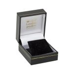 Earring box with a black leatherette exterior with a thin gilt lined edges, the inside has a black velvet pop up pad to house the earrings with a white silk inner lid with the City of London Jewellers Logo in gold leaf. Showing opened.