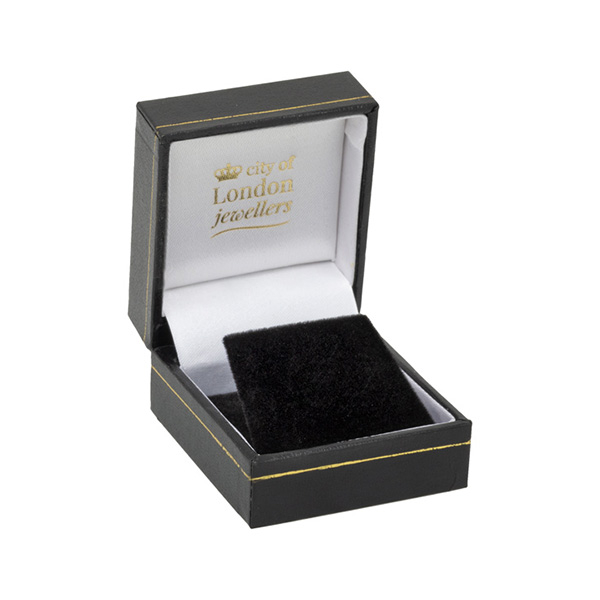 Earring box with a black leatherette exterior with a thin gilt lined edges, the inside has a black velvet pop up pad to house the earrings with a white silk inner lid with the City of London Jewellers Logo in gold leaf. Showing opened.