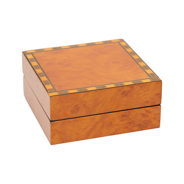 A beautiful, veneered wooden gift box pictured closed.