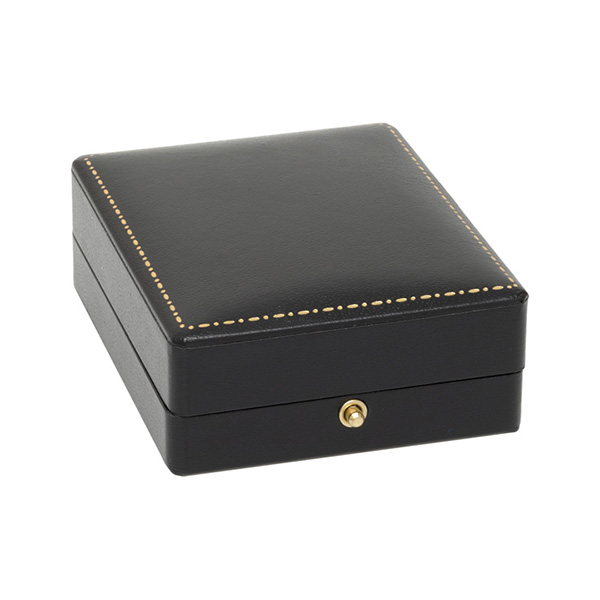 Black leatherette antique style jewellery box pictured closed.