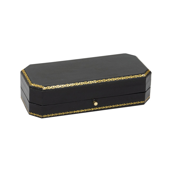Chain link cufflink box black faux leather with black velvet pad and a white silk inner lid, pictured closed.