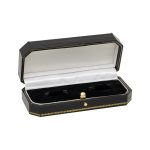 Chain link cufflink box black faux leather with black velvet pad and a white silk inner lid, pictured open.