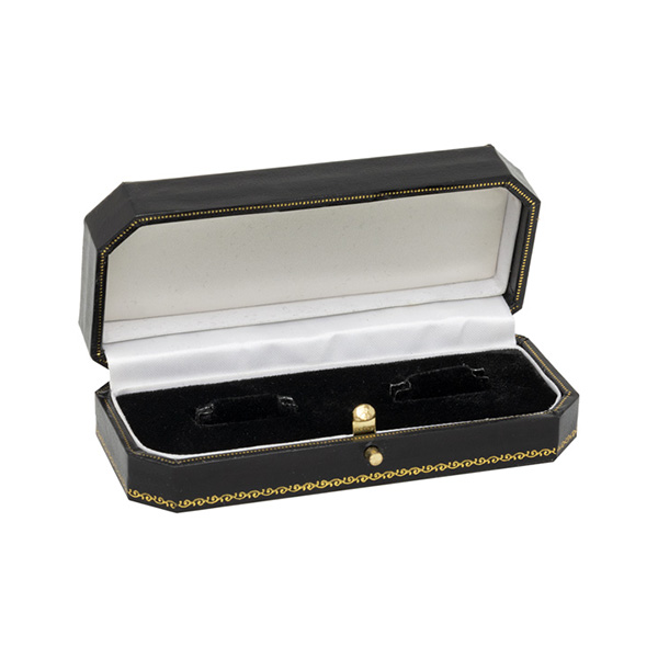 Chain link cufflink box black faux leather with black velvet pad and a white silk inner lid, pictured open.