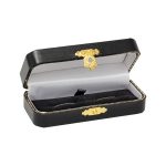 Antique style hinged cufflink box with black leatherette outside covering with black interior base pad with two elastic holders and white silk inner lid with a gilt colour catch. The picture shows the box open.