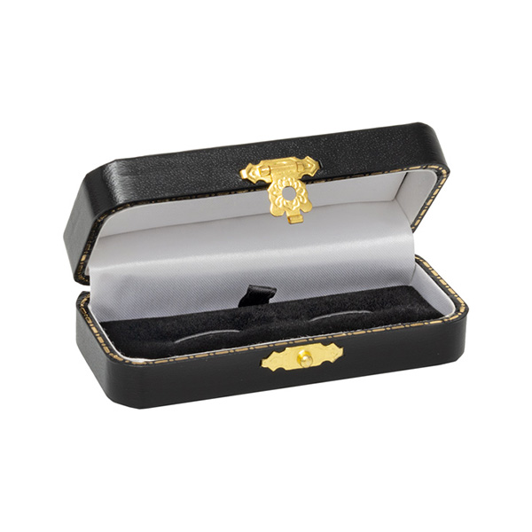 Antique style hinged cufflink box with black leatherette outside covering with black interior base pad with two elastic holders and white silk inner lid with a gilt colour catch. The picture shows the box open.