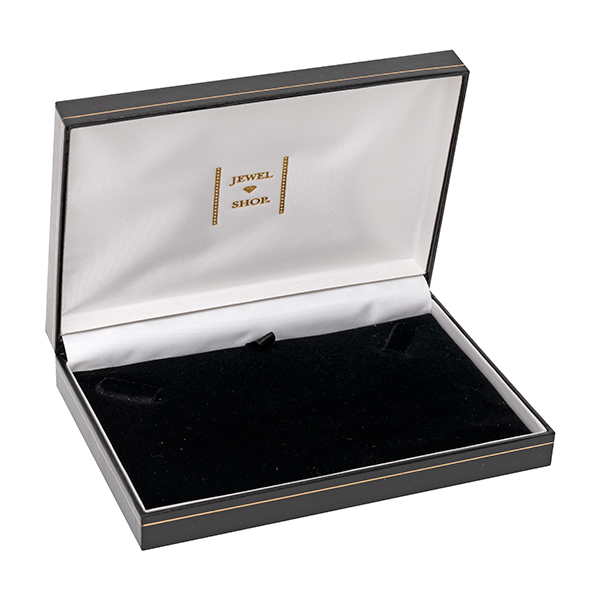Black leatherette box with a black pad base and a white silk inner lid. Pictured open.