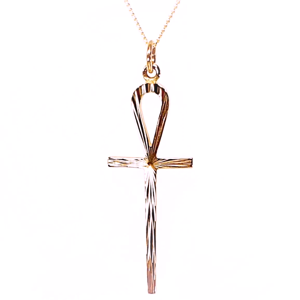 9ct red gold Glastonbury Ankh Egyptian cross Pendant with a hand-engraved sunburst pattern 45mm x15mm with rose gold chain.