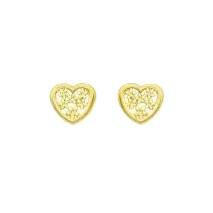 18ct yellow gold heart shape stud earrings with a cut out flower pattern to the centre pictured on a white back ground