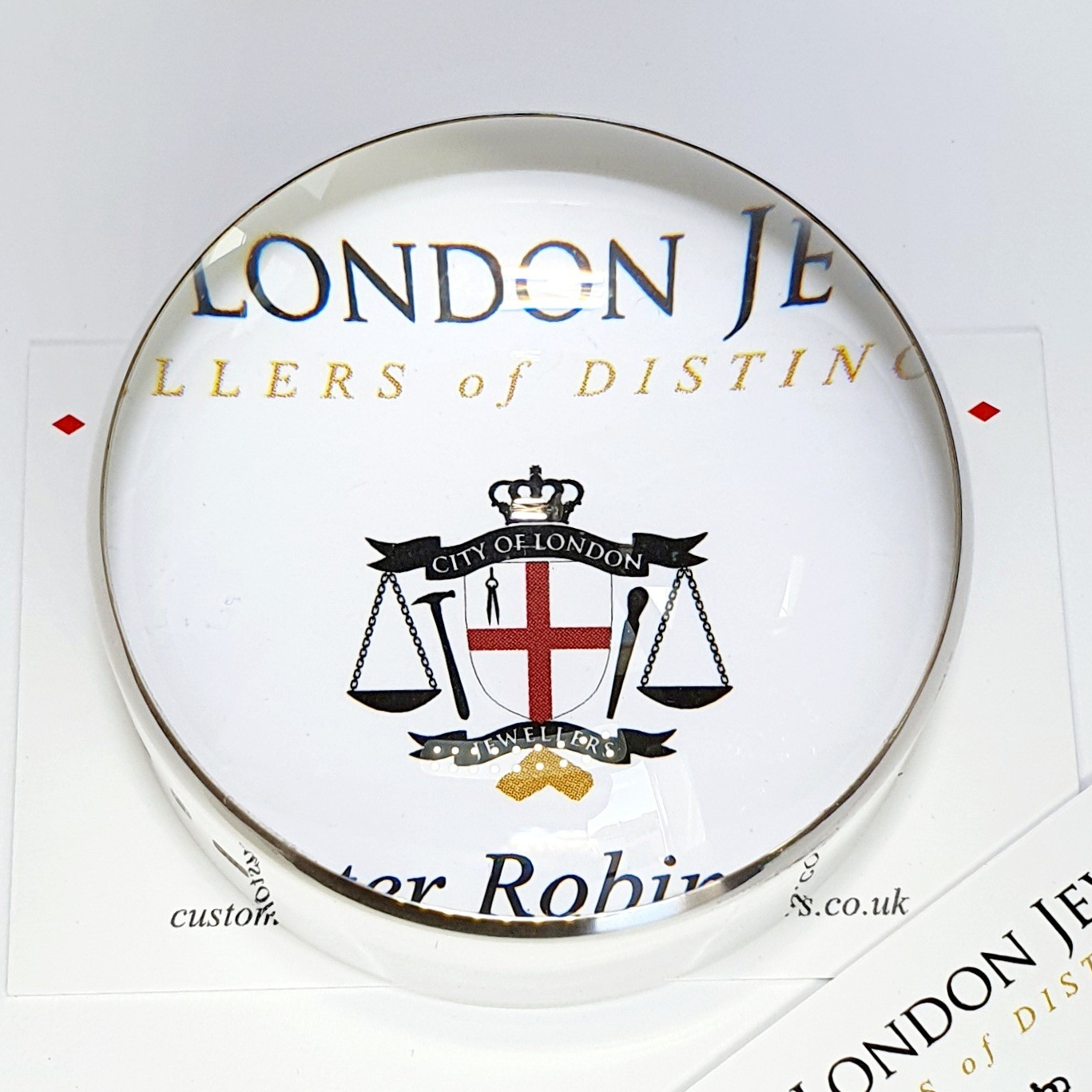 The Glassboro document weight magnifier is pictured from above to show the ten times magnification.