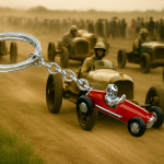Red racing car Key fob in genuine silver, pictured with a 1930s race going on in the background.