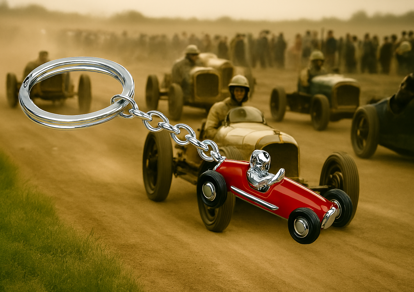 Red racing car Key fob in genuine silver, pictured with a 1930s race going on in the background.