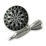 Sterling silver dartboard and dart cufflink displayed on a white background. Intricate black enamel detail on the dartboard contrasts with the sleek silver dart. This listing includes a full pair.