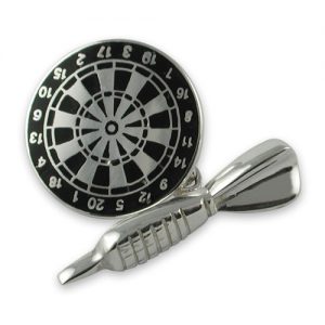 Sterling silver dartboard and dart cufflink displayed on a white background. Intricate black enamel detail on the dartboard contrasts with the sleek silver dart. This listing includes a full pair.