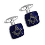 Sterling silver cushion shaped Masonic cufflinks with royal blue enamel