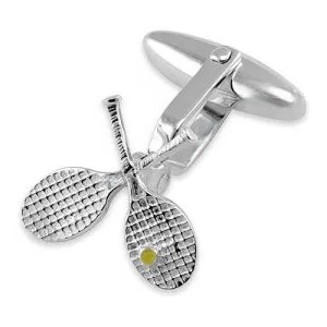 Genuine 925 sterling silver tennis racket with yellow ball cufflinks with double swivel backs