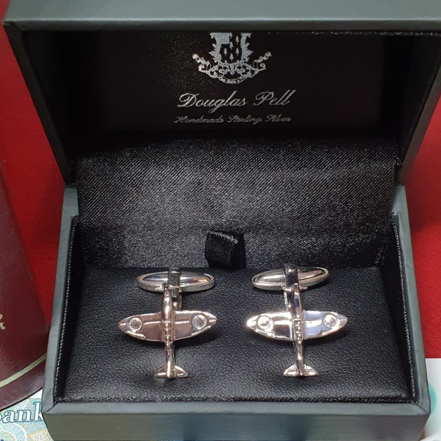 Sterling Silver Spitfire Cufflinks CK00280 facing front in the gift box close up view.