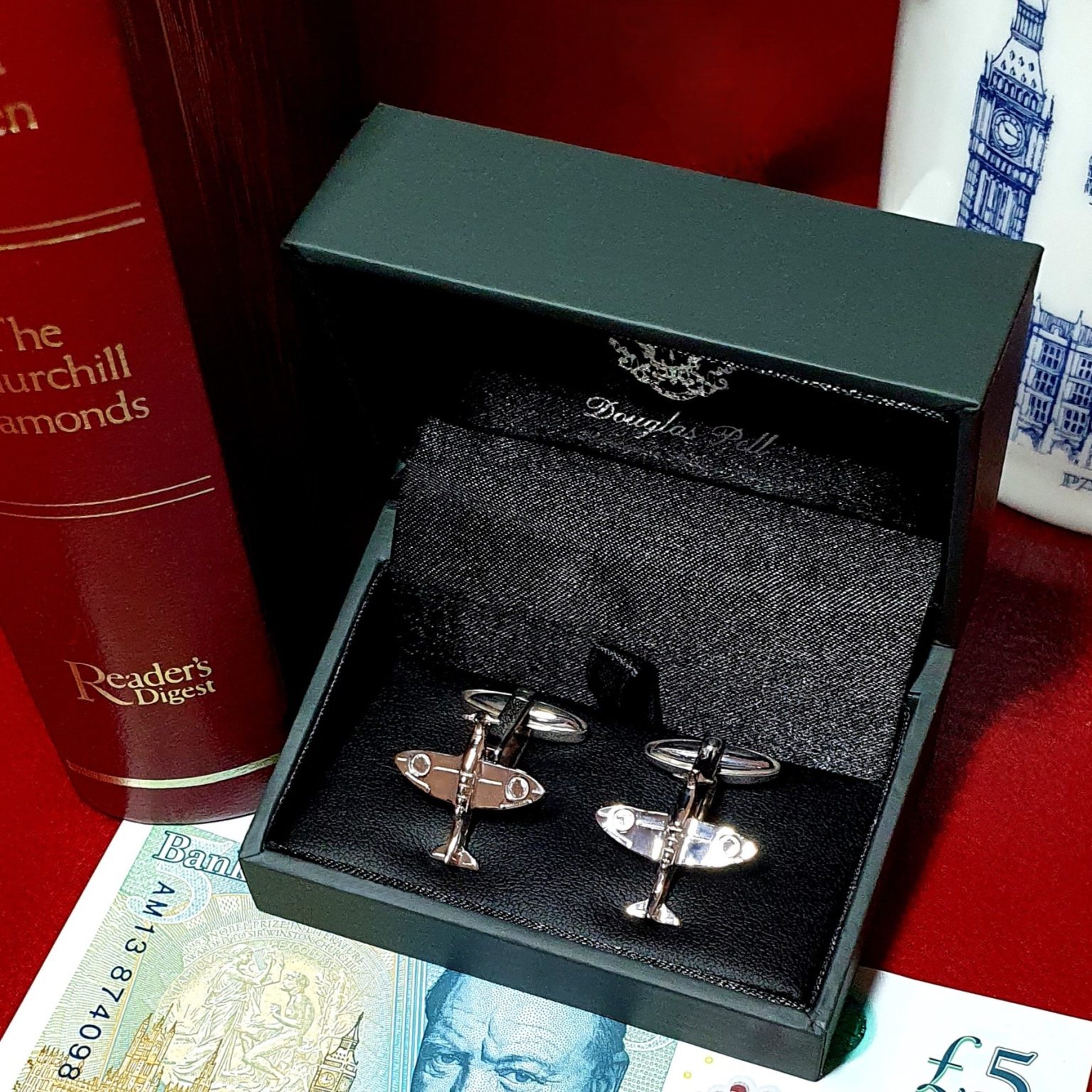 Sterling Silver Spitfire Cufflinks CK00280 facing front in the gift box close up view.