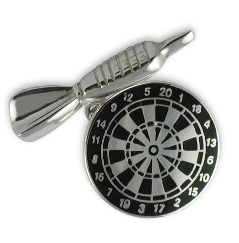 Sterling silver dartboard and dart cufflink displayed on a white background. Intricate black enamel detail on the dartboard contrasts with the sleek silver dart. This listing includes a full pair.