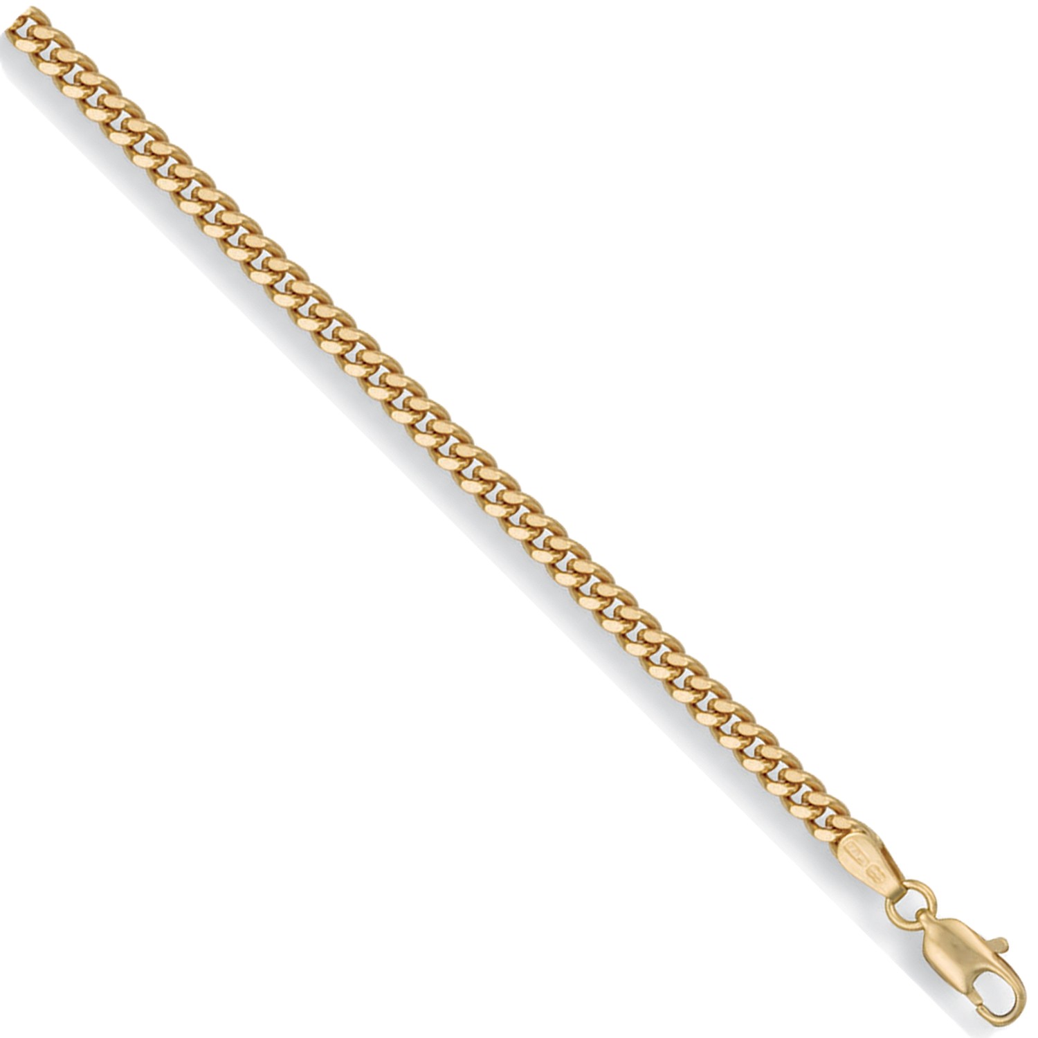 Linkenheim 9ct solid gold curb link chain, a 3.6mm wide piece laid flat on a white background to show diamond-cut detail and fine craftsmanship, showing the clasp