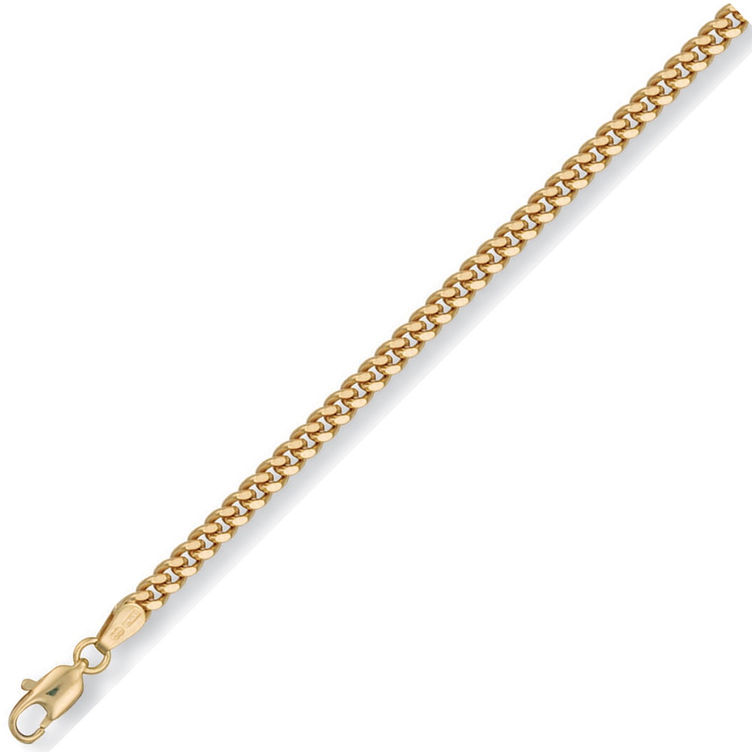 Linkenheim 9ct solid gold curb link chain, a 3.6mm wide piece laid flat on a white background to show diamond-cut detail and fine craftsmanship, showing the clasp