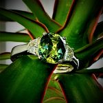 Tight zoom on the ring over leaves highlighting gemstone clarity.