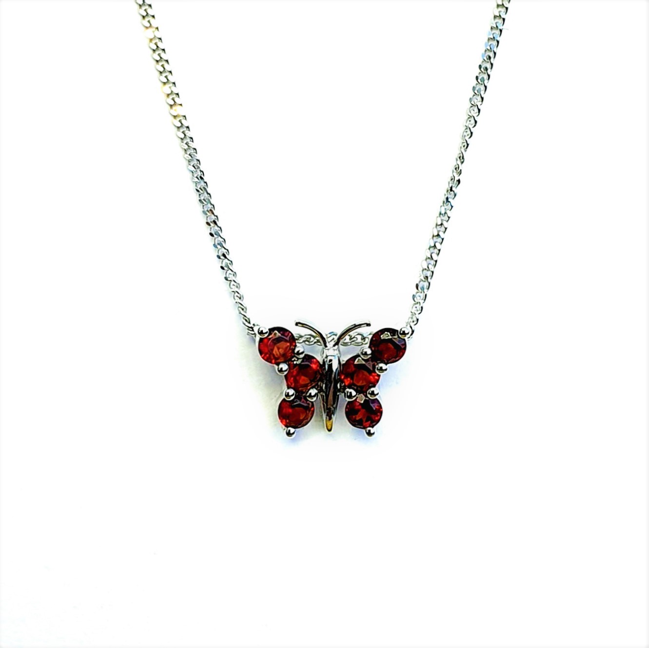 18ct White Gold Red Garnet Butterfly Pendant & Chain Necklace PCA00404