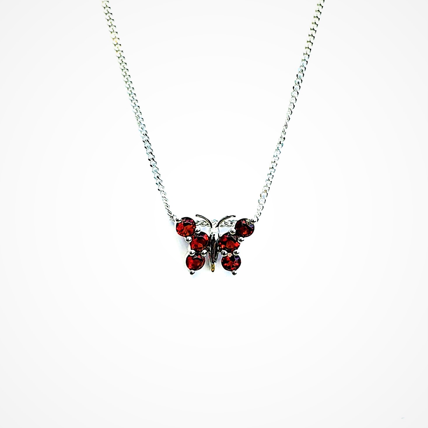 18ct White Gold Red Garnet Butterfly Pendant & Chain Necklace PCA00404