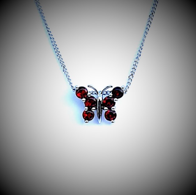 18ct White Gold Red Garnet Butterfly Pendant & Chain Necklace PCA00404