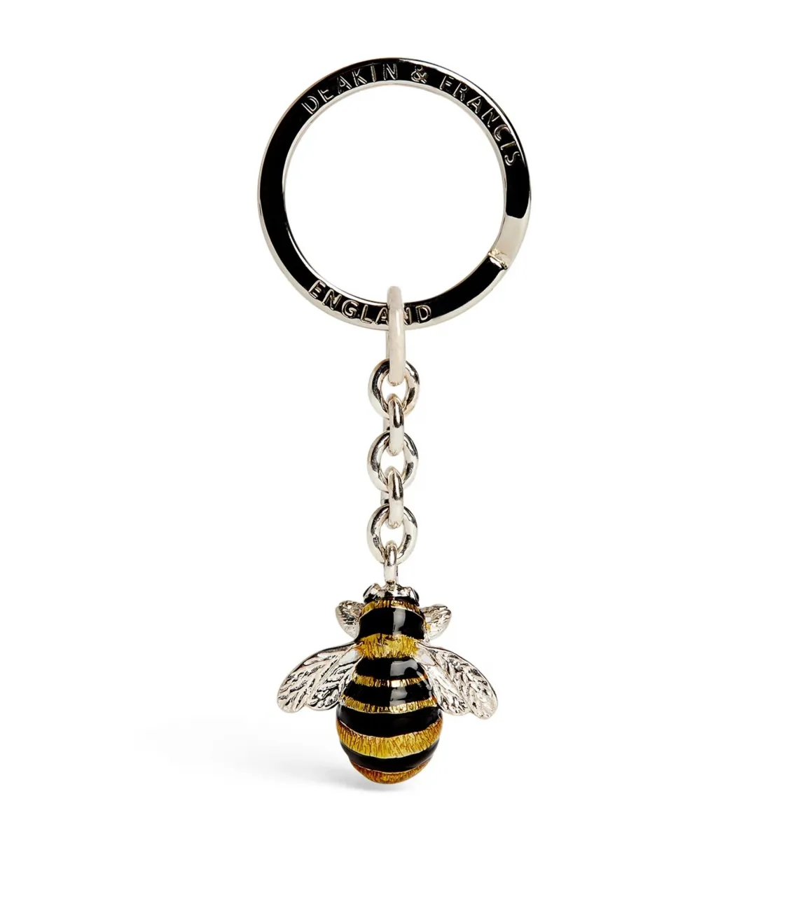 Black and yellow vitreous enamelled bumble bee key ring fob