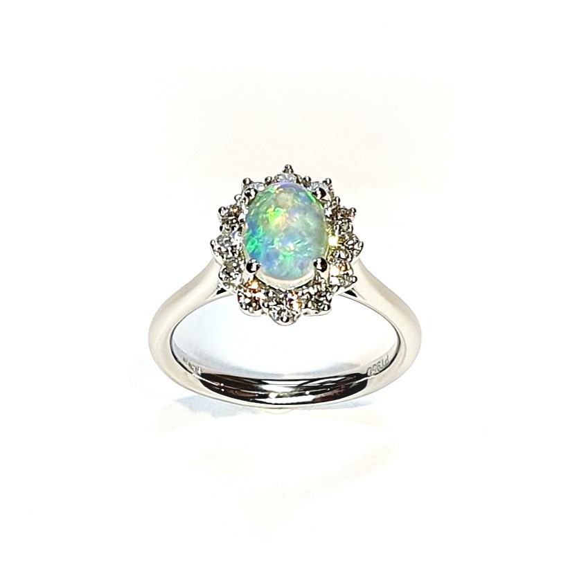 Platinum-Oval-Cluster-Ring-Set-With-One-Oval-Opal-&-Twelve-Round-Diamonds-RPT0181