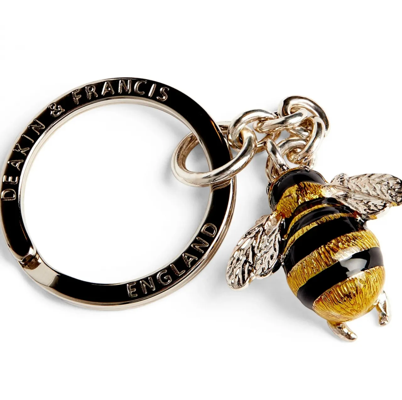 Close up picture of the sterling silver bee keyring fob.