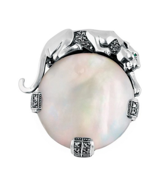 Sterling-Silver-Mother-of-Pearl-Marcasite-&-Emerald-Eye-Panther-Leopard-Brooch-BRS00092