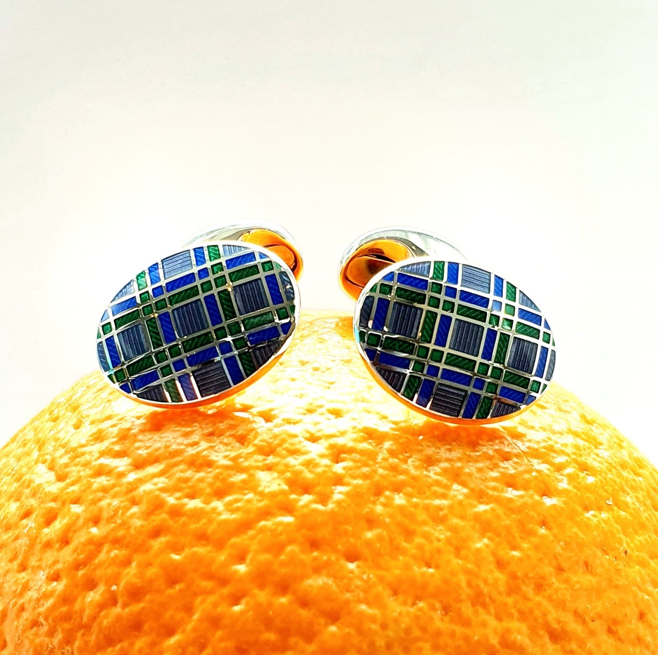  Genuine-Sterling-Silver-With-A-blue-green-And-Purple Tartan-Silver-Enamel-Cufflinks-CK00296