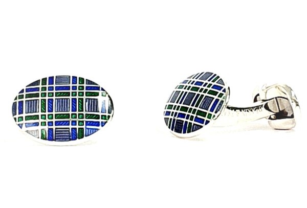  Genuine-Sterling-Silver-With-A-blue-green-And-Purple Tartan-Silver-Enamel-Cufflinks-CK00296