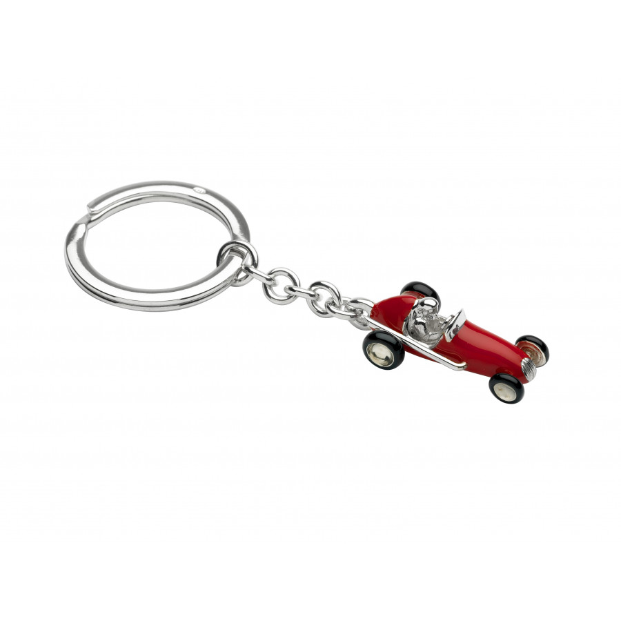 Luxury sterling silver keyring in the form of a red racing car, hallmarked and hand-enamelled for collectors and enthusiasts.