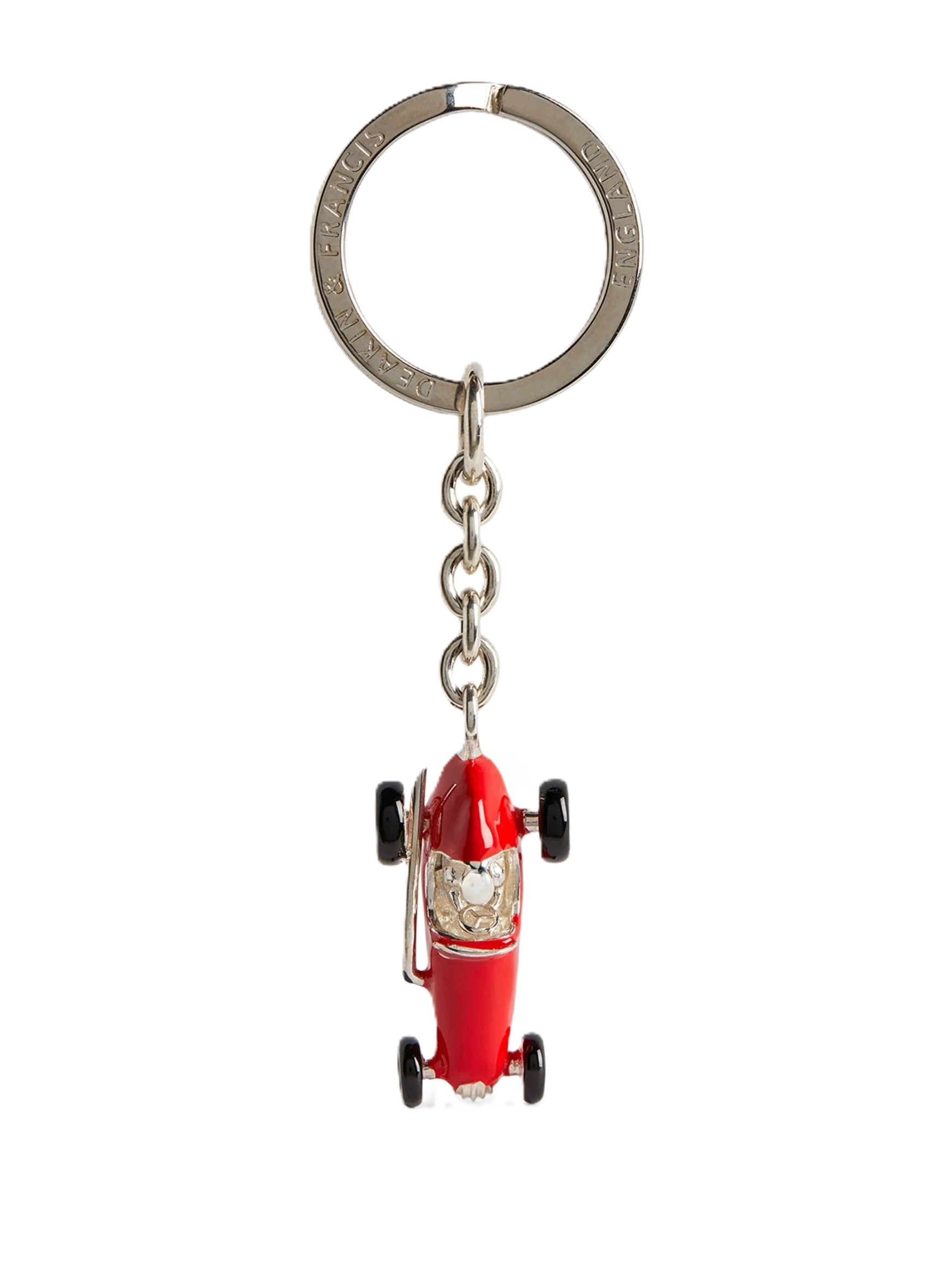 Sterling silver vintage racing car keyring with red and black vitreous enamel detailing by Deakin & Francis.