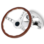 Close-up picture of sterling silver vintage steering wheel cufflinks with vitreous brown enamel to imitate the leather cover.