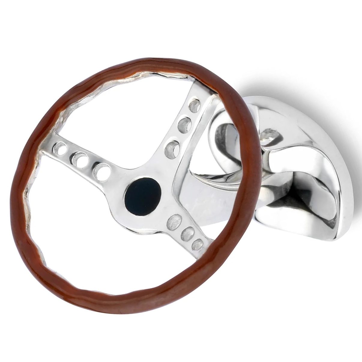 Close-up picture of sterling silver vintage steering wheel cufflinks with vitreous brown enamel to imitate the leather cover.