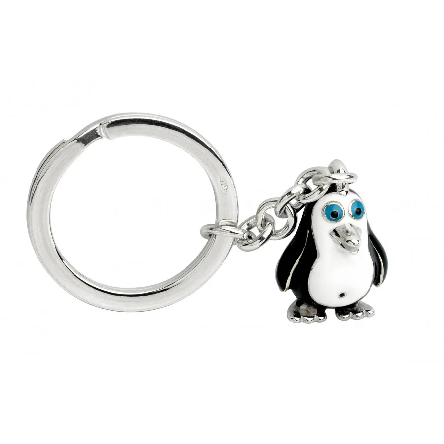 Hallmarked sterling silver with black & white enamelled head & body with polished silver beak & feet with a silver split ring for attaching to your key ring.