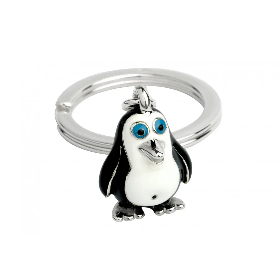 Hallmarked sterling silver with black & white enamelled head & body with polished silver beak & feet with a silver split ring for attaching to your key ring.