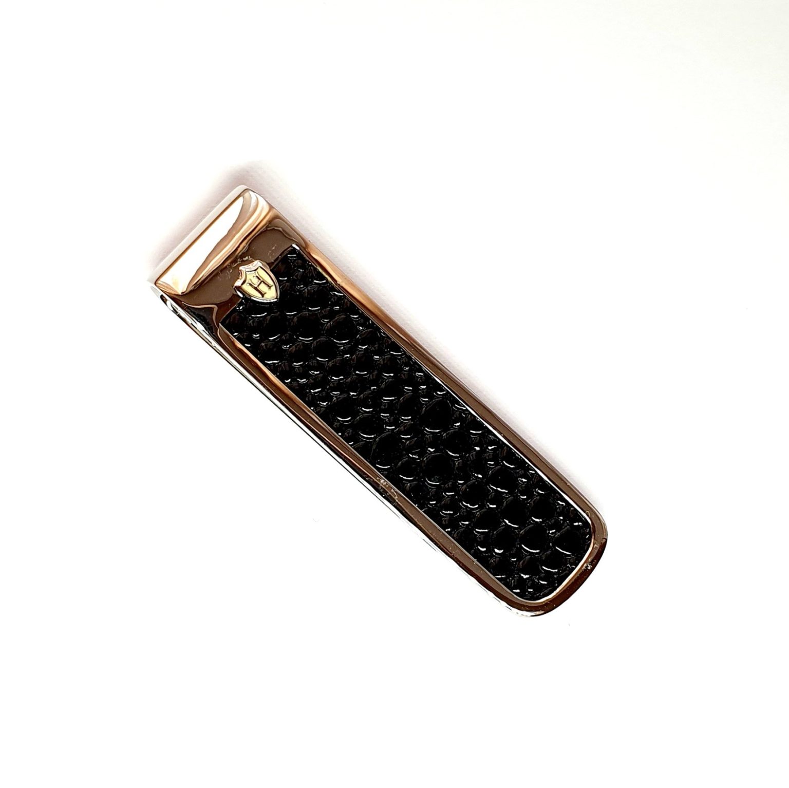 "Sterling Silver Textured Black Leather Money Clip with Shagreen Effect: 60mm x 16mm, featuring a plain polished back ideal for engraving. Elevate your style with this uniquely textured and customizable money clip, perfect for adding a touch of sophistication to any ensemble."