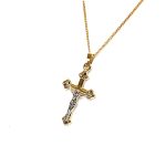 The Staveley 9ct Crucifix Necklace is 32mm with the top saddle loop 25mm x 16.8mm without and is 2mm in depth. It is made with a hollow 9ct yellow gold tube with a white gold Jesus, all highly polished. It can be purchased independently or with a 16, 18 or 20-inch traditional solid gold curb link chain.