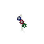 "18ct White Gold Sapphire, Ruby, Emerald & Diamond Three-Cluster Ring: Mesmerizing beauty with vibrant gemstones, exquisite craftsmanship, elegant crossover wave shank, and unmatched quality."